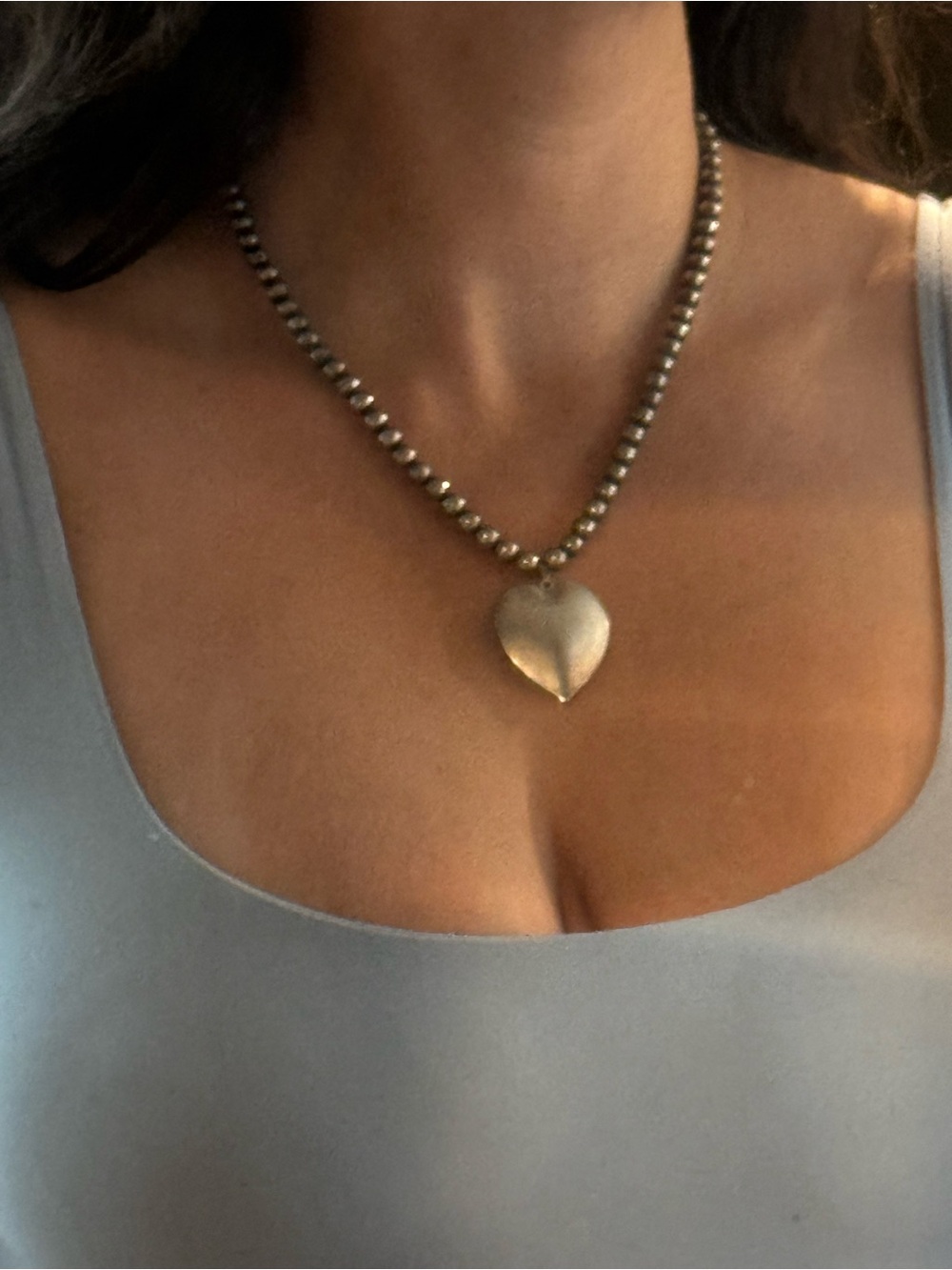 Vintage Puffer Silver Heart Pendant Beaded Necklace - Silver